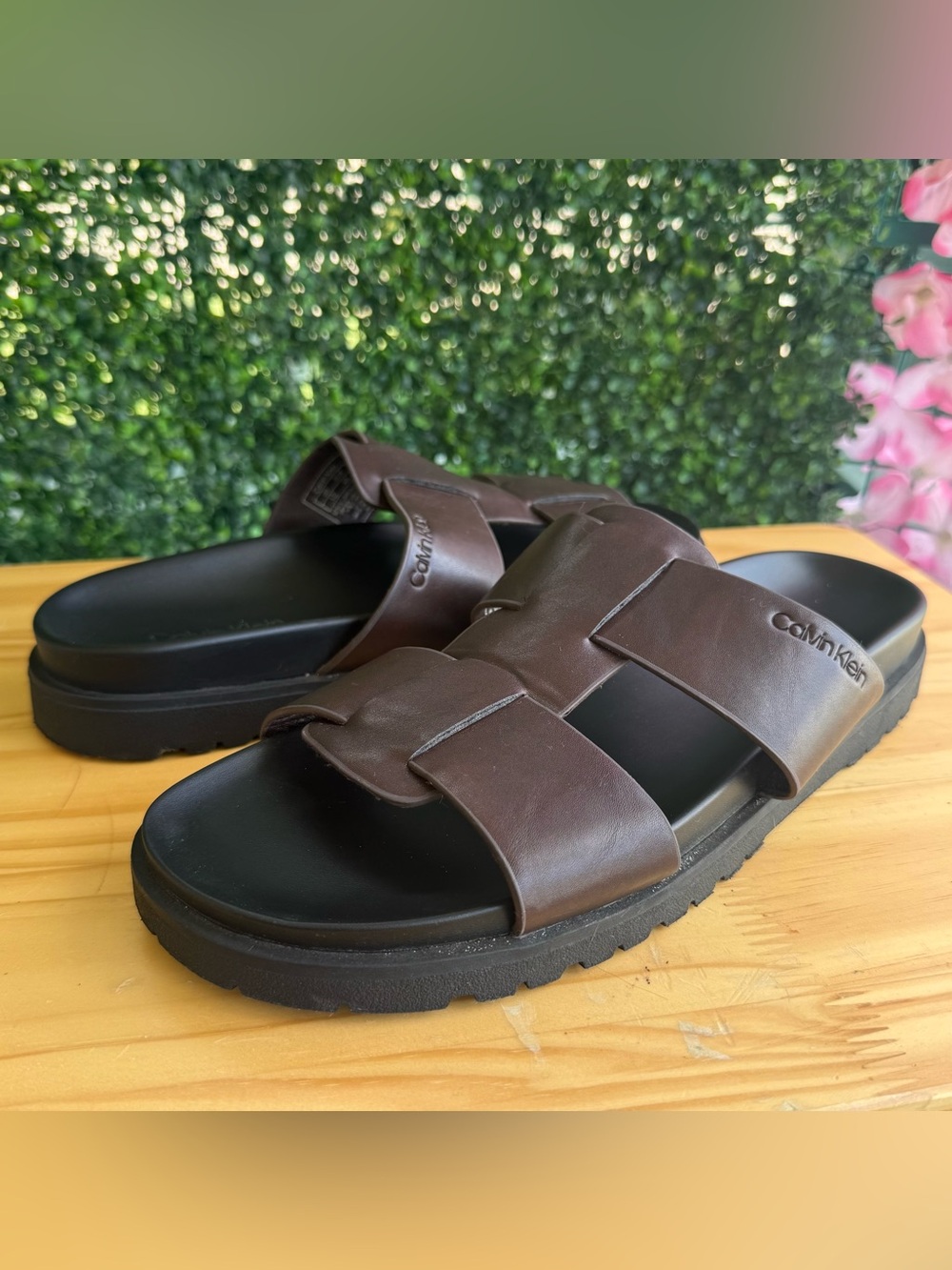 Calvin Klein Caroline Men’s 12 Brown Double Strap Slide Sandals Chunky Sole